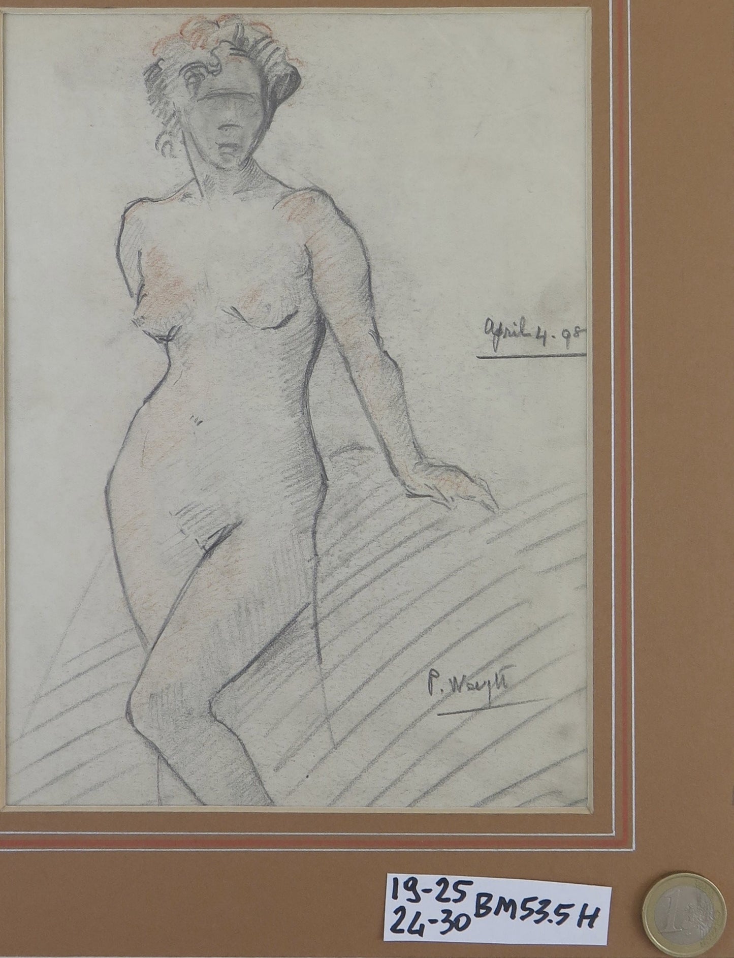 ANTIQUE DRAWING FEMALE FIGURE SIGNED DATED CENTURY SKETCH SKETCH BM53.5H