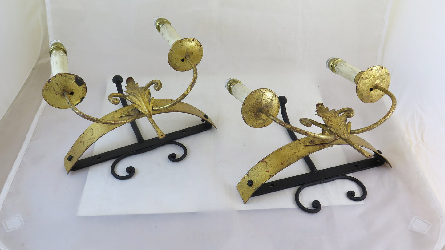 PAIR OF HIGH QUALITY HANDMADE WROUGHT IRON WALL LIGHTS WITH TWO FLAMES CH15