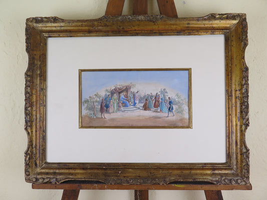 ANTIQUE PAINTING SCENE WITH CHARACTERS IN COSTUME PAINTED WATERCOLOR ON PAPER