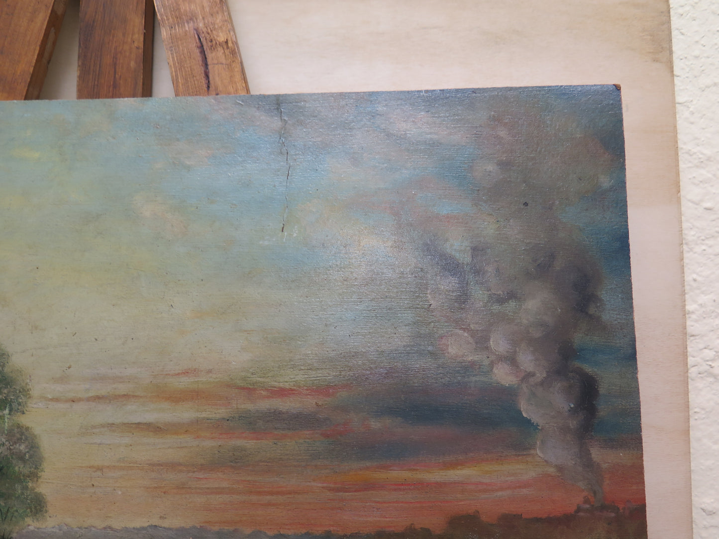 ANCIENT PAINTING OIL ON BOARD DATED 1917 SIGNED SUNSET MAREMMA LANDSCAPE X9