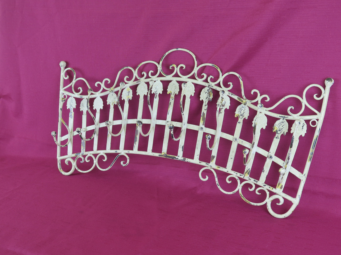COAT RACK WALL CLOTHES HANGER IN IRON 8 HOOKS VINTAGE BA4 a
