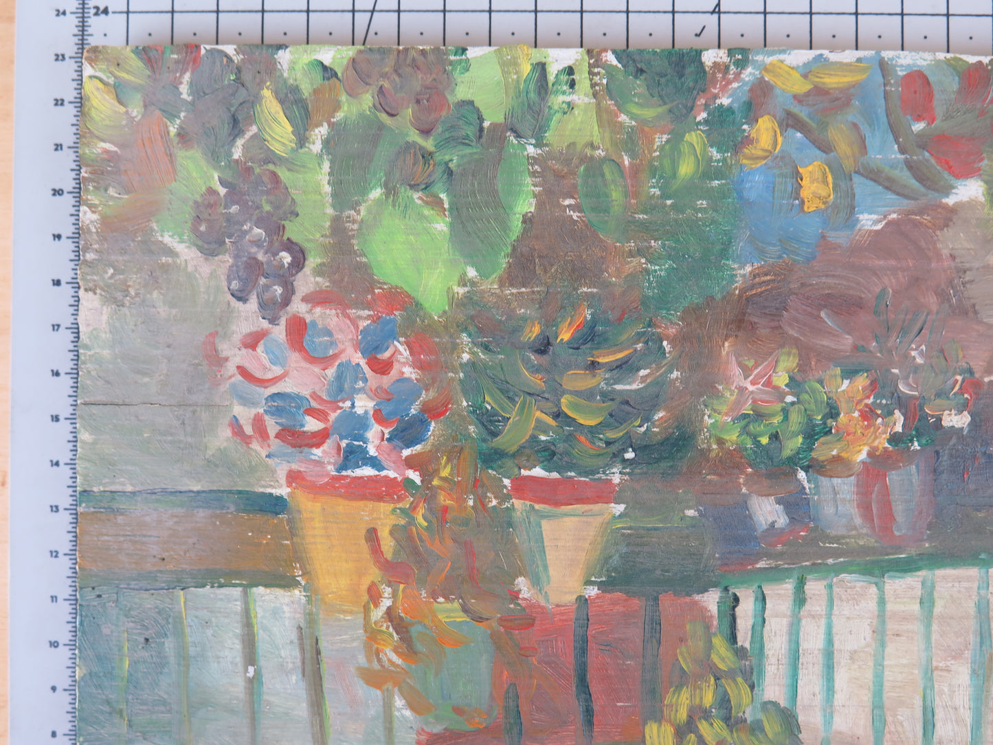 FLOWERING TERRACE OLD OIL PAINTING ON TABLE SPAIN 20TH CENTURY PAINTING MD12