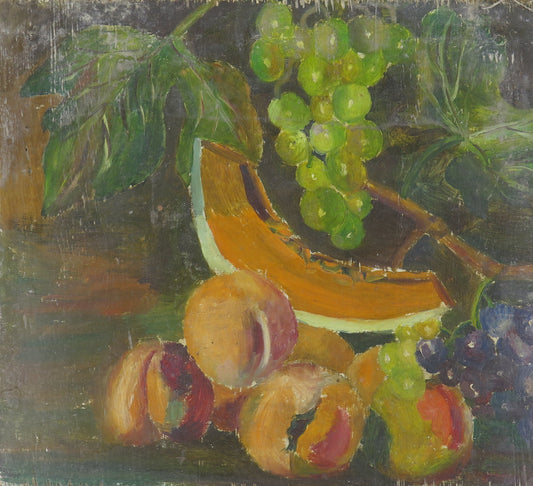 STILL LIFE FRUIT GRAPES ANTIQUE PAINTING SMALL SIZE OIL ON BOARD MD12