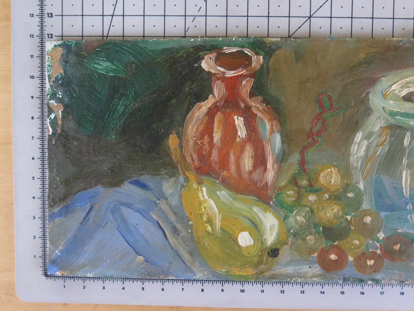 28x12 cm OLD OIL PAINTING ON TABLE INTERIOR STILL LIFE TABLE OBJECTS MD12