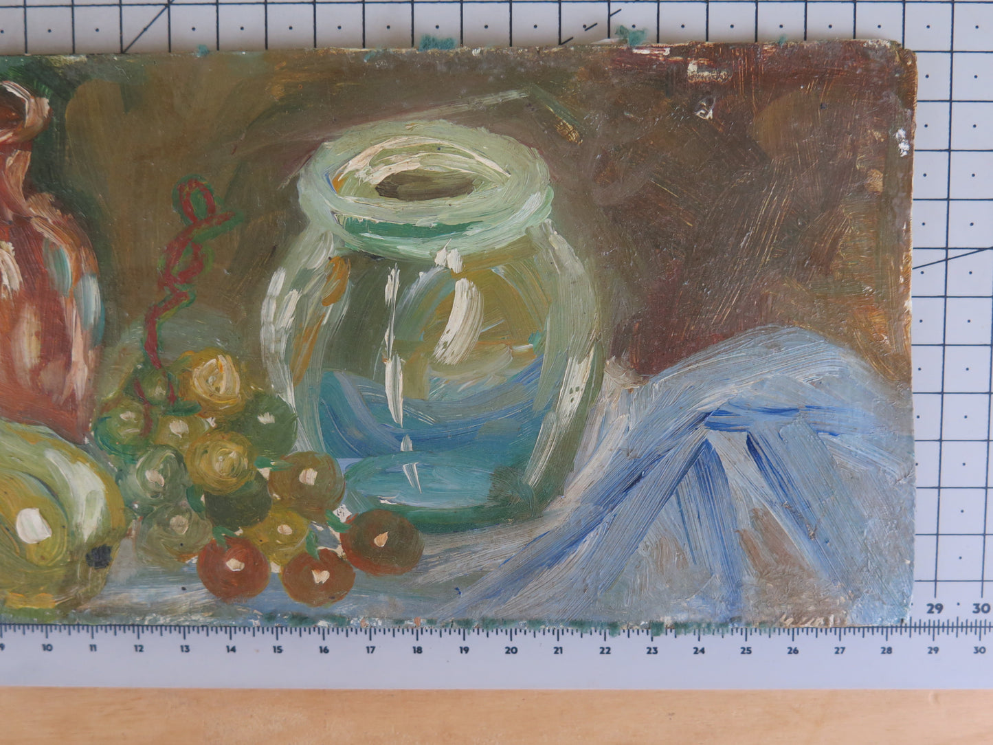 28x12 cm OLD OIL PAINTING ON TABLE INTERIOR STILL LIFE TABLE OBJECTS MD12