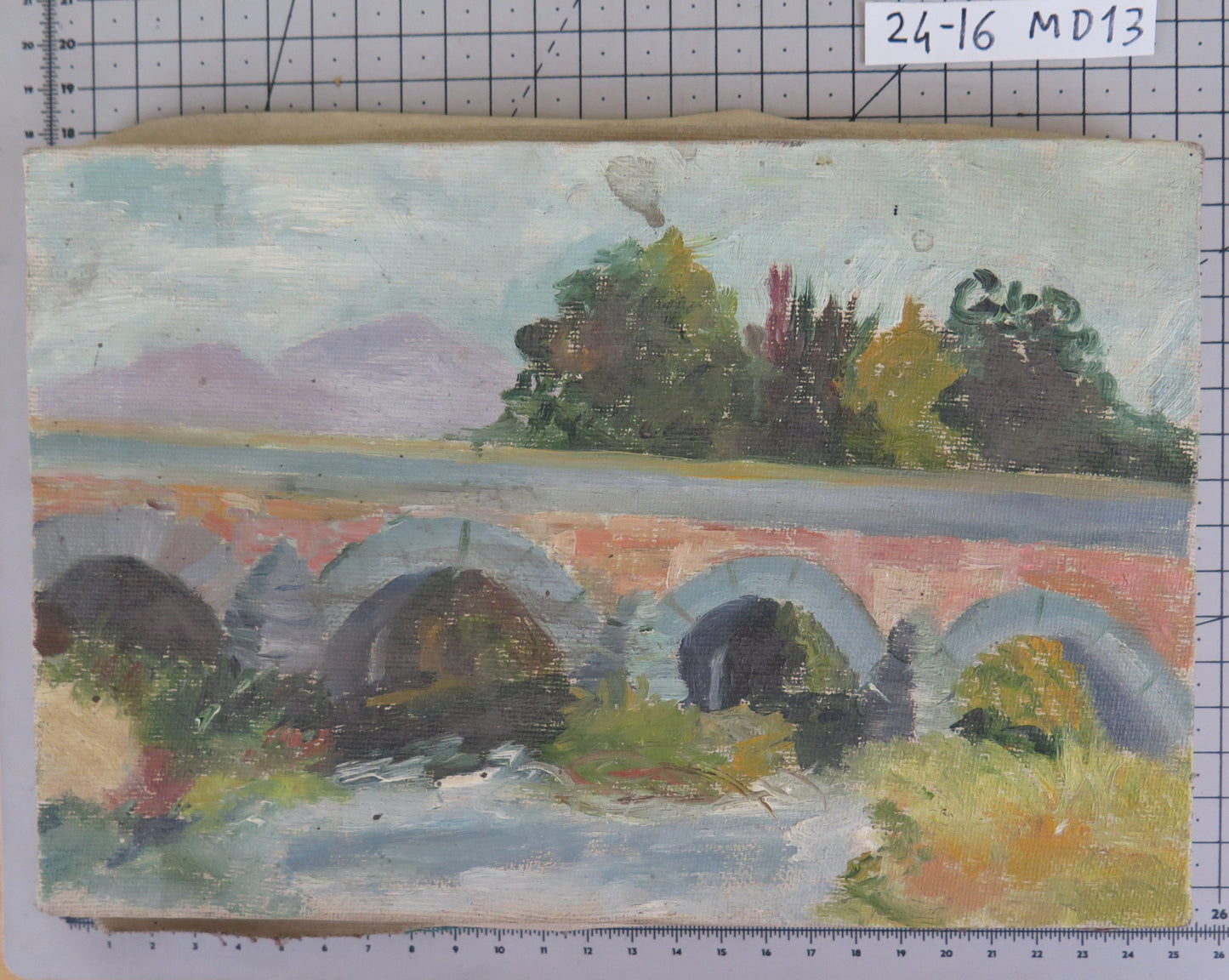 SMALL OIL PAINTING ON CANVAS EARLY CENTURY VIEW OF BRIDGE COUNTRYSIDE SPAIN MD13