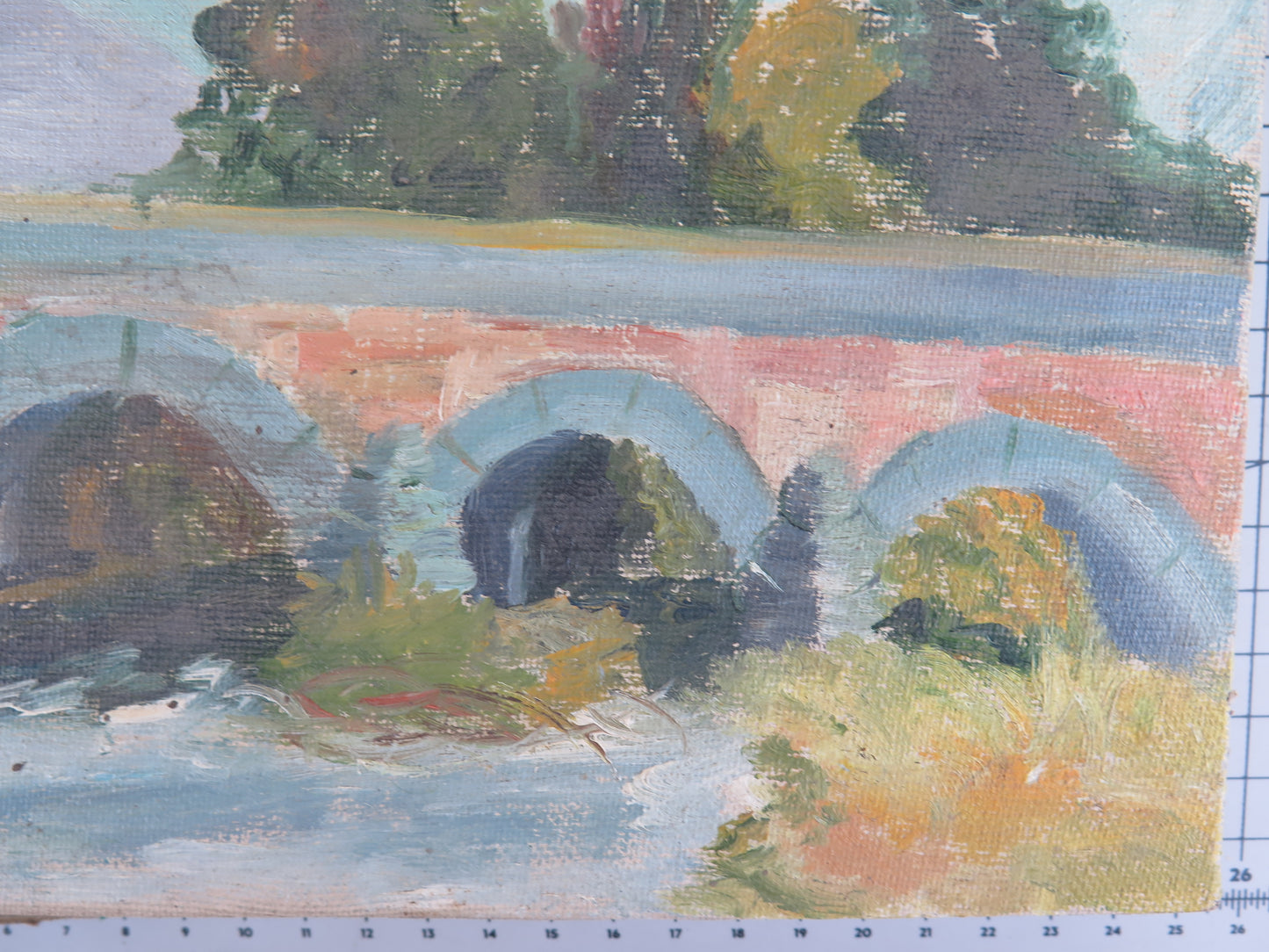 SMALL OIL PAINTING ON CANVAS EARLY CENTURY VIEW OF BRIDGE COUNTRYSIDE SPAIN MD13