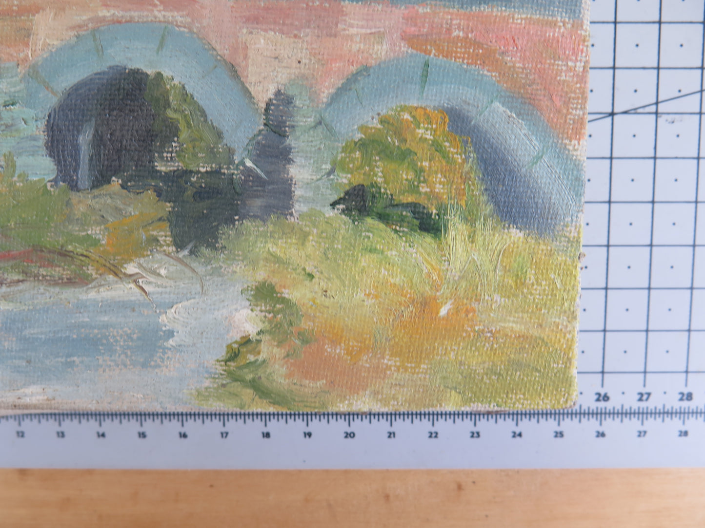 SMALL OIL PAINTING ON CANVAS EARLY CENTURY VIEW OF BRIDGE COUNTRYSIDE SPAIN MD13