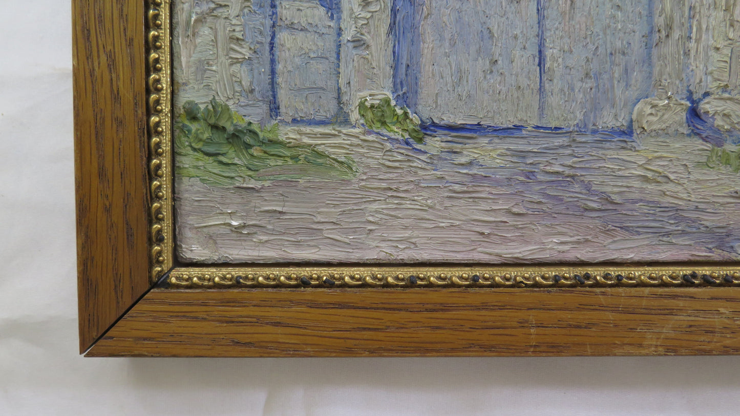 ANTIQUE OIL PAINTING ON PANEL WORKED WITH A SPATULA VIEW BY MJ LECOULTRE