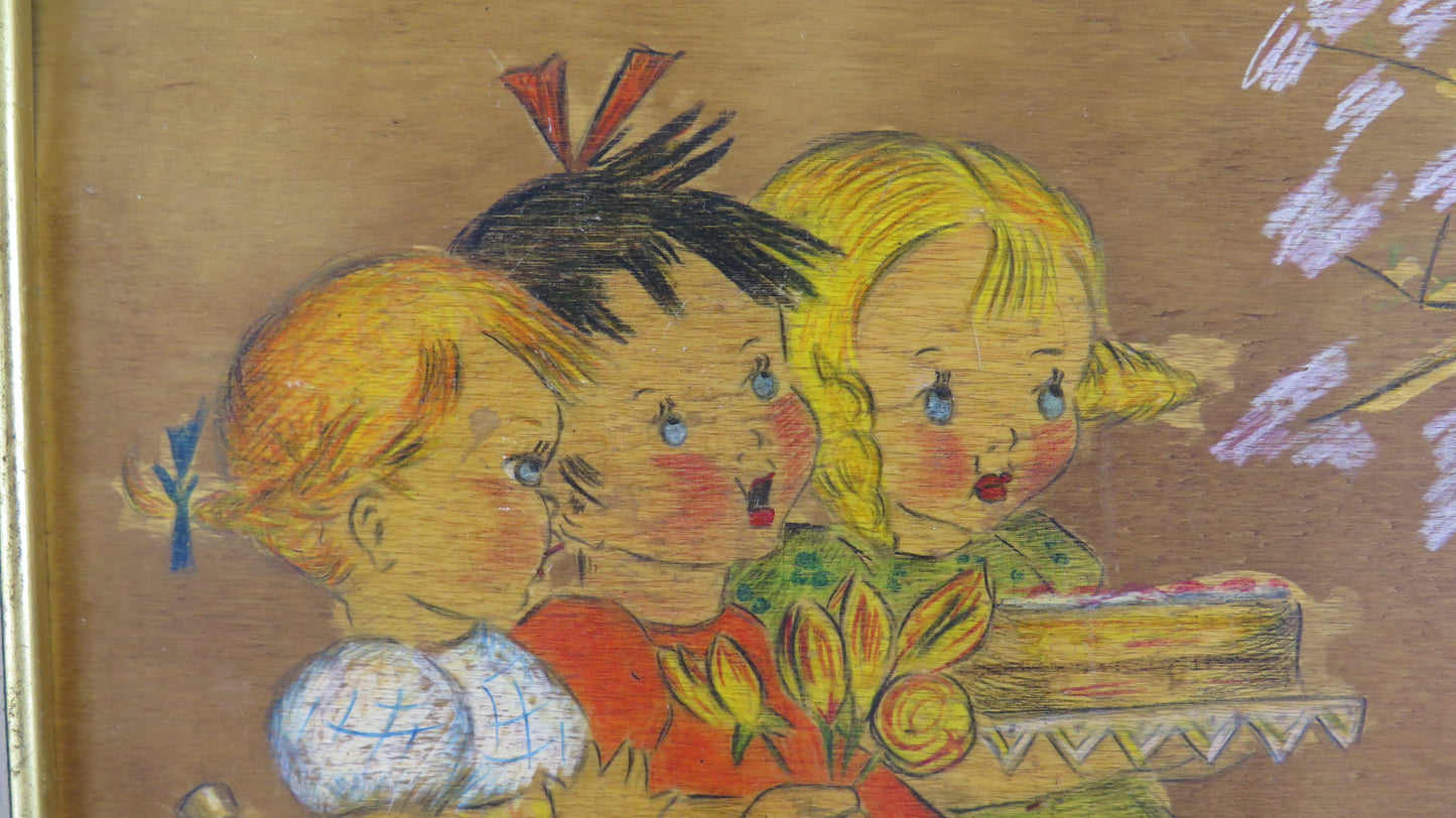 TWO OLD SIGNED PAINTINGS FOR CHILDREN WITH CHARACTERS ON PENCIL COLOR PLATE X12