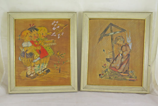 TWO OLD SIGNED PAINTINGS FOR CHILDREN WITH CHARACTERS ON PENCIL COLOR PLATE X12