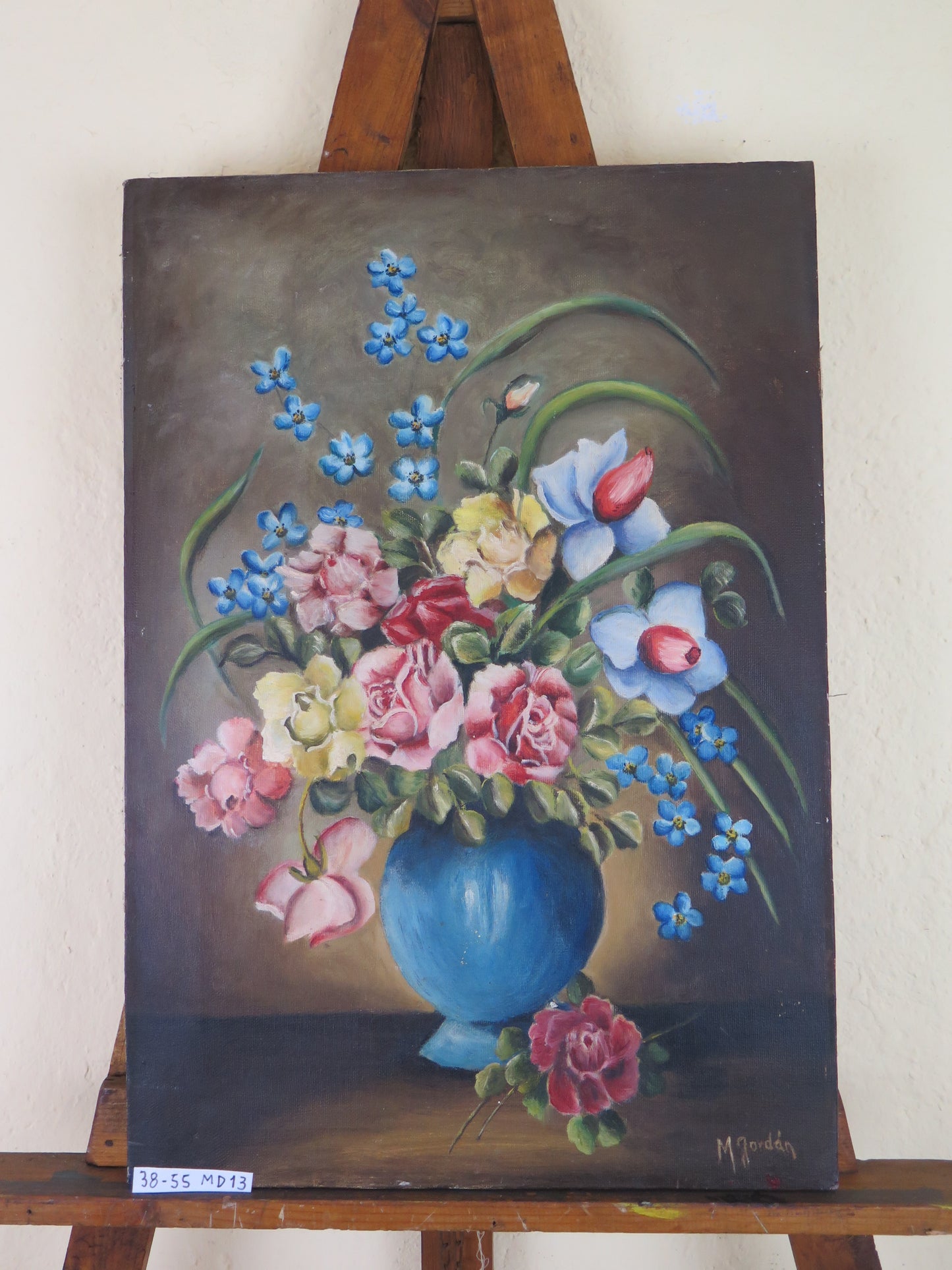 OLD OIL PAINTING ON CANVAS FLORAL FLOWERS SIGNED SPAIN MID 1900s FRAMEWORK MD13