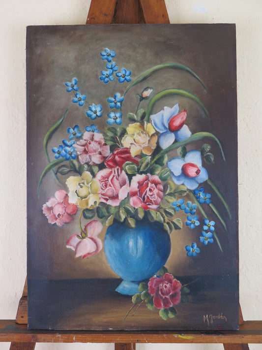 OLD OIL PAINTING ON CANVAS FLORAL FLOWERS SIGNED SPAIN MID 1900s FRAMEWORK MD13