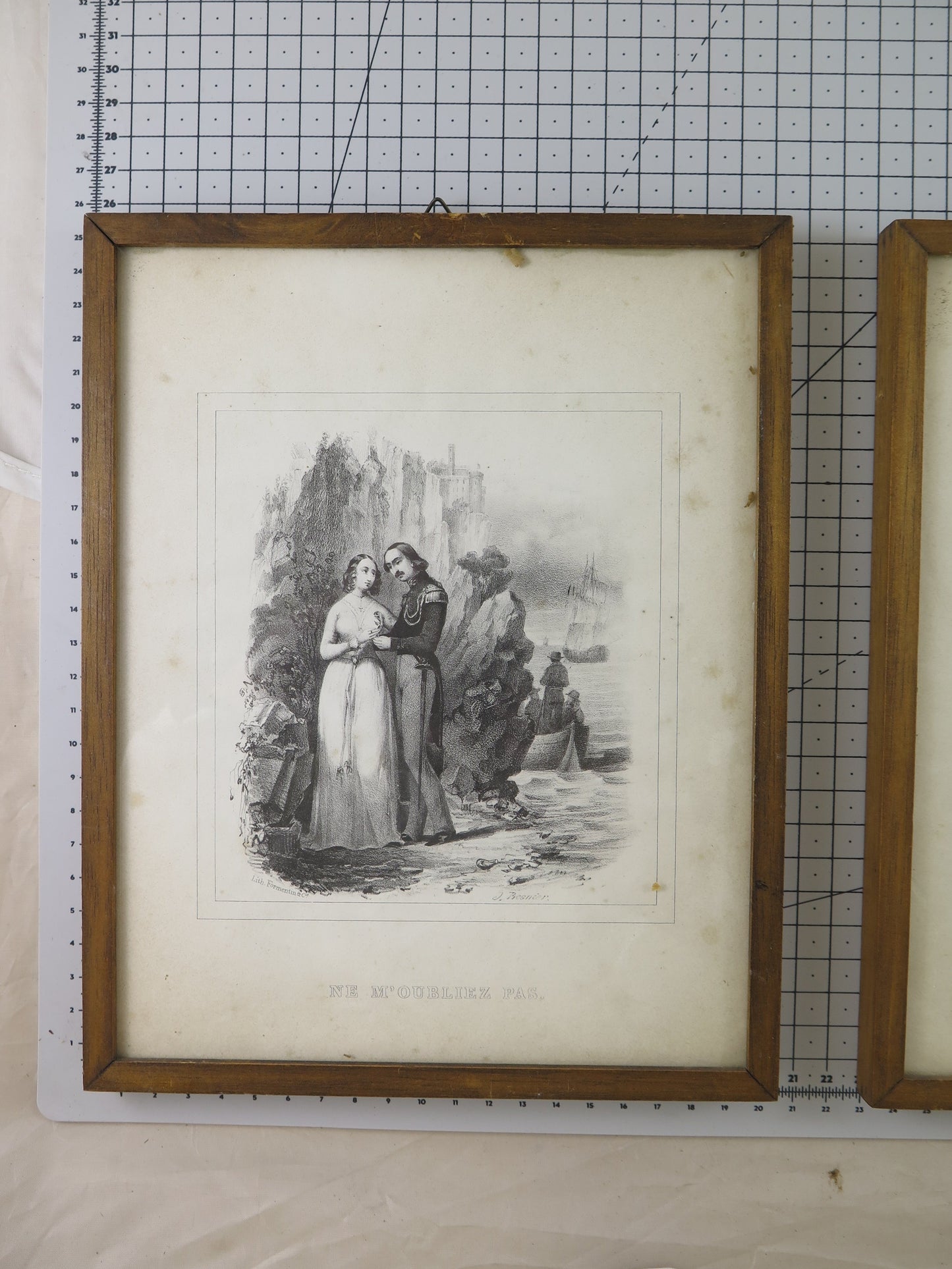 TWO ANTIQUE PRINTS WITH ROMANTIC SCENES FRANCE WITH WOODEN FRAME X12