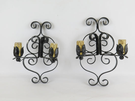 PAIR OF WROUGHT IRON APPLIQUES WITH TWO FLAMES DECORATED WITH VOLUTE PATTERNS X15