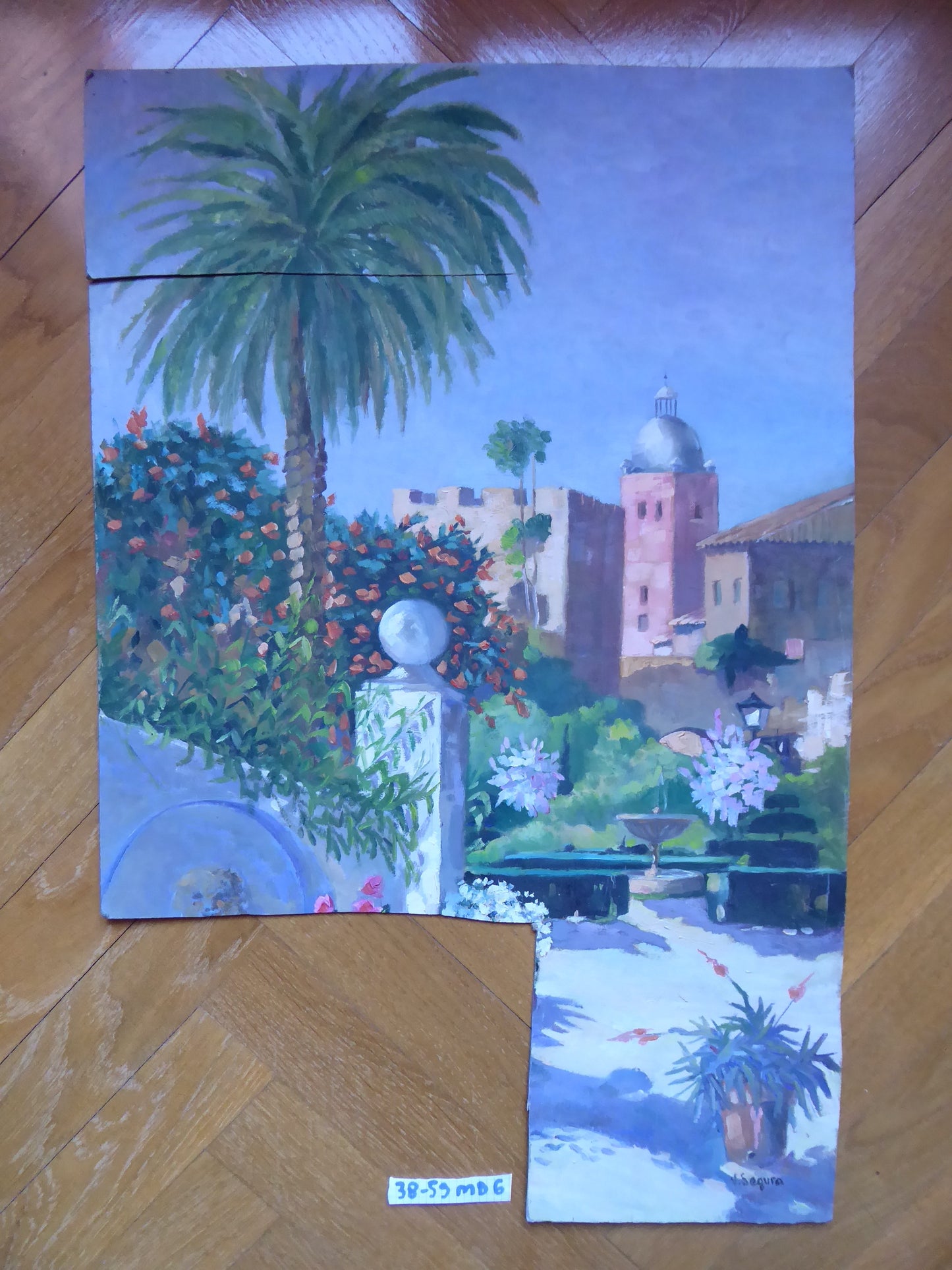 OIL PAINTING ON TABLE VIEW OF ANDALUSIA SPAIN PAINTER VICENTE SEGURA MD6