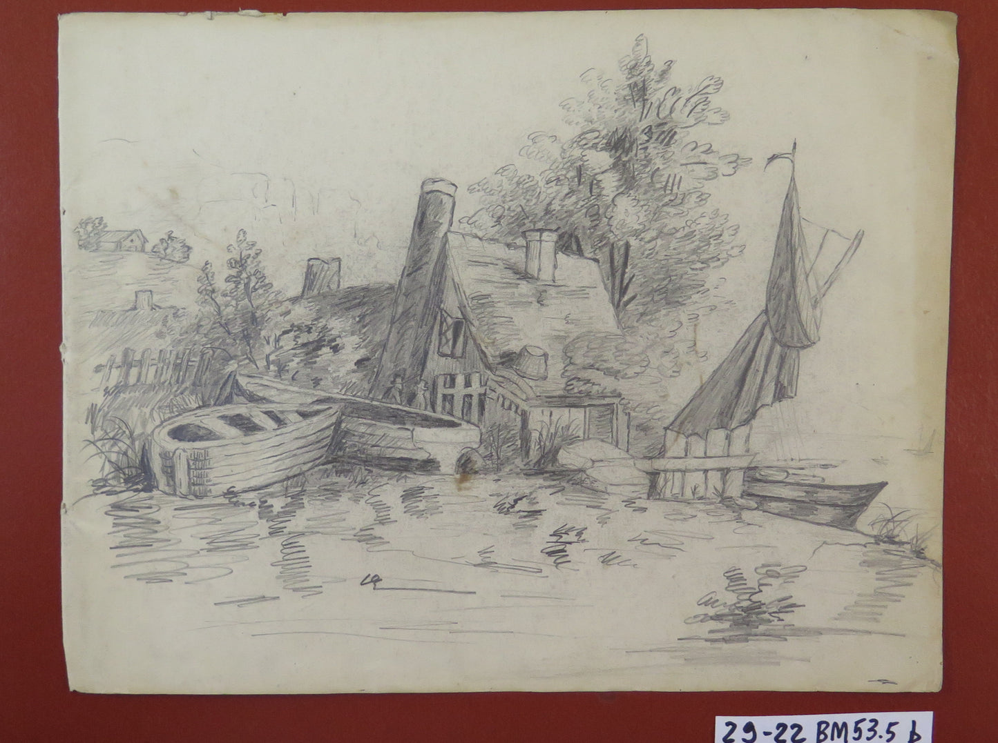 ANTIQUE PAINTING COUNTRYSIDE LANDSCAPE WITH LAKE BOATS PENCIL DRAWING ON PAPER BM53.5b