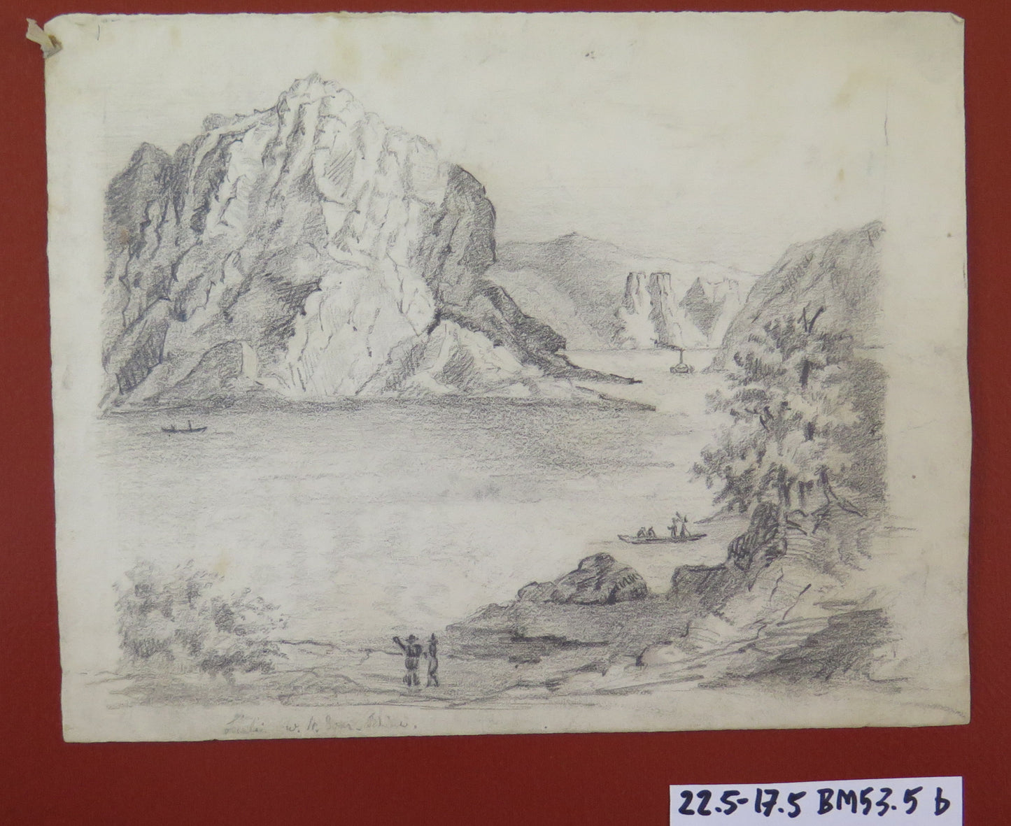 ALPINE LAKE LANDSCAPE ANTIQUE DRAWING ALPS MOUNTAINS LAKE PAINTING BM53.5b