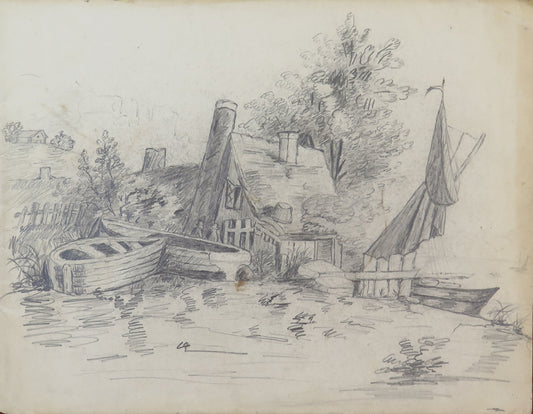 ANTIQUE PAINTING COUNTRYSIDE LANDSCAPE WITH LAKE BOATS PENCIL DRAWING ON PAPER BM53.5b