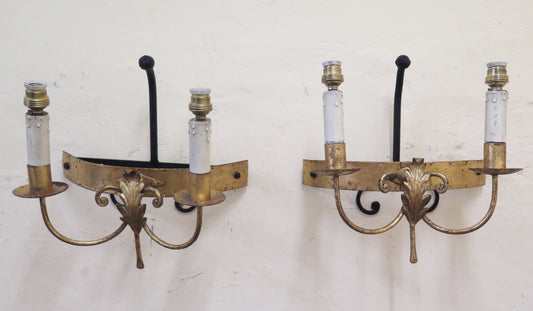 PAIR OF HIGH QUALITY HANDMADE WROUGHT IRON WALL LIGHTS WITH TWO FLAMES CH15