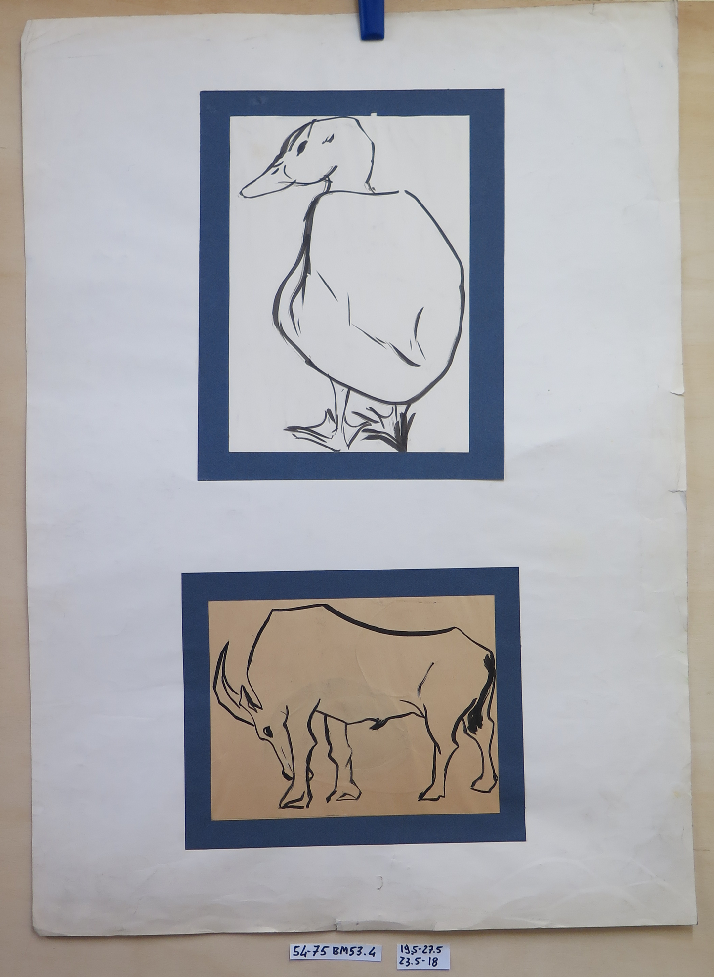 TWO OLD DRAWINGS WITH ANIMALS DUCK AND GOAT WATERCOLOR VINTAGE PAPER BM53.4