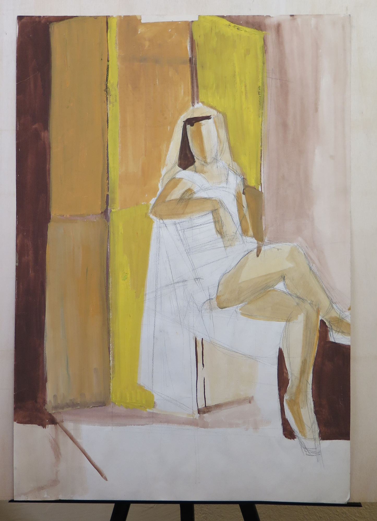 VINTAGE PAINTING OF FEMALE FIGURE SITTING 1970s FRANCE PORTRAIT PAINTING BM53.4