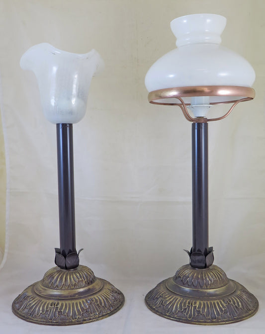 PAIR OF HAND-MADE TABLE LAMPS IN EMBOSSED METAL AND GLASS CH32