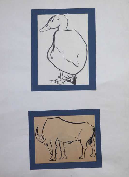 TWO OLD DRAWINGS WITH ANIMALS DUCK AND GOAT WATERCOLOR VINTAGE PAPER BM53.4