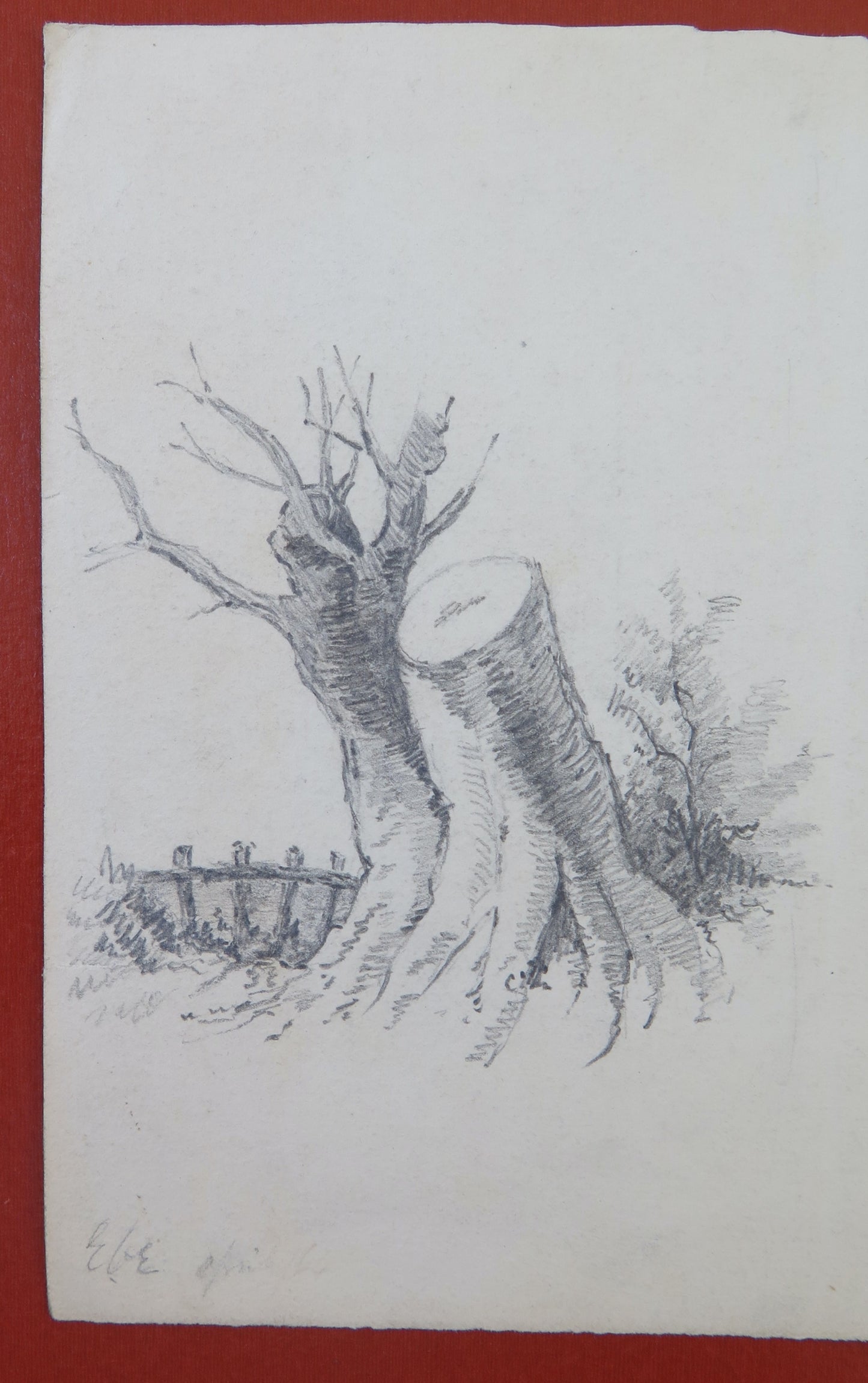 ANTIQUE PENCIL DRAWING ON PAPER CUT TREES IN THE COUNTRYSIDE SIGNED PAINTING BM53.5b